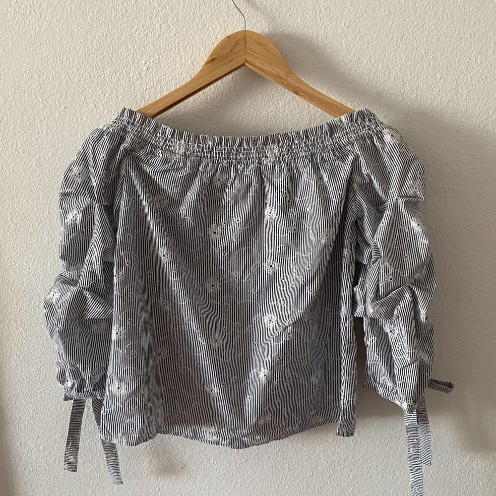 Off the Shoulder Striped Ruched Eyelet Top